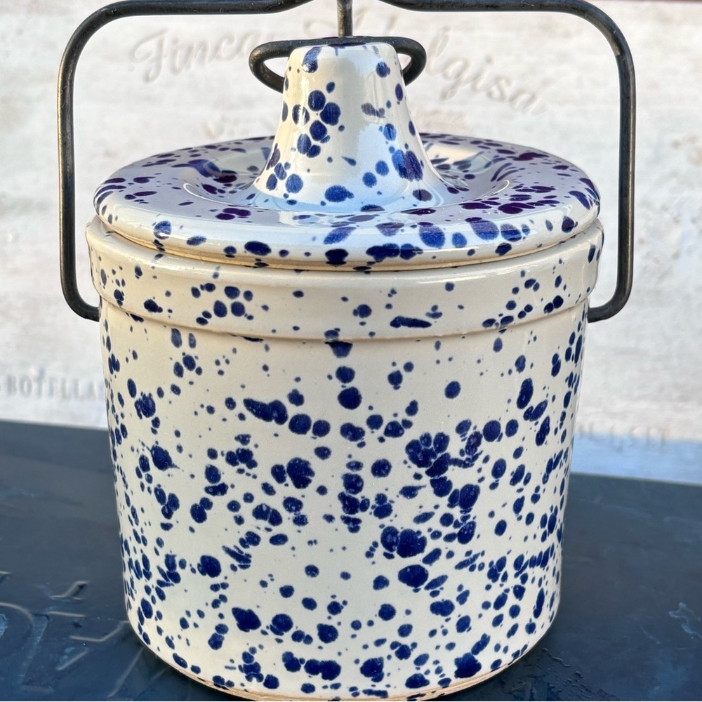 Vintage Blue Splatter Stoneware Crock!